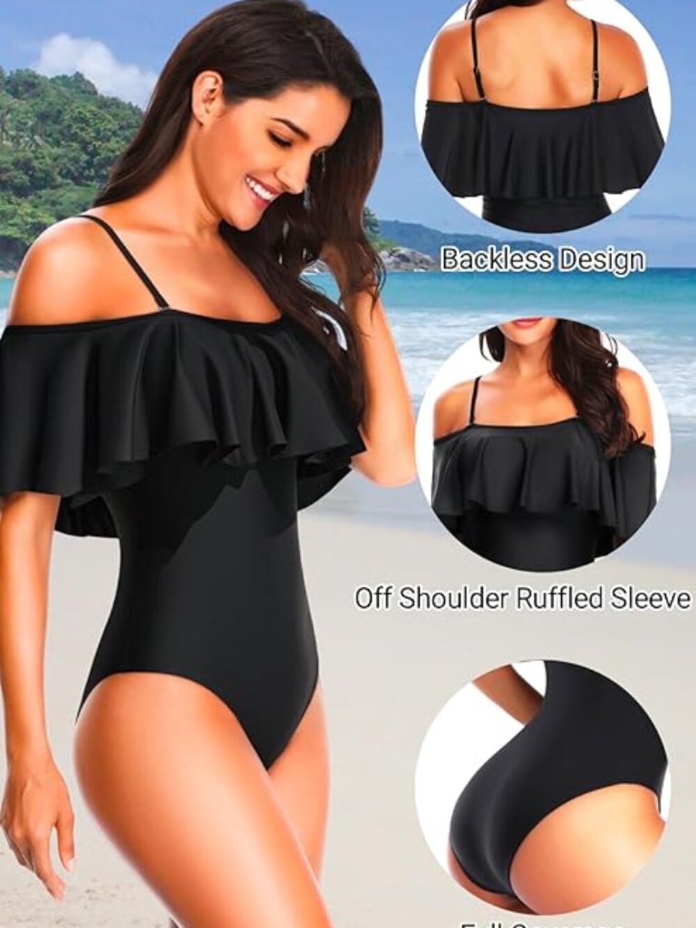 New One Piece Off Shoulder Ruffled Bathing Suit - Picture 5 of 14